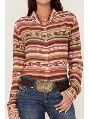 NWT Stetson Womens Serape Stripe Southwestern Button-Down Shirt Brown Pink Small